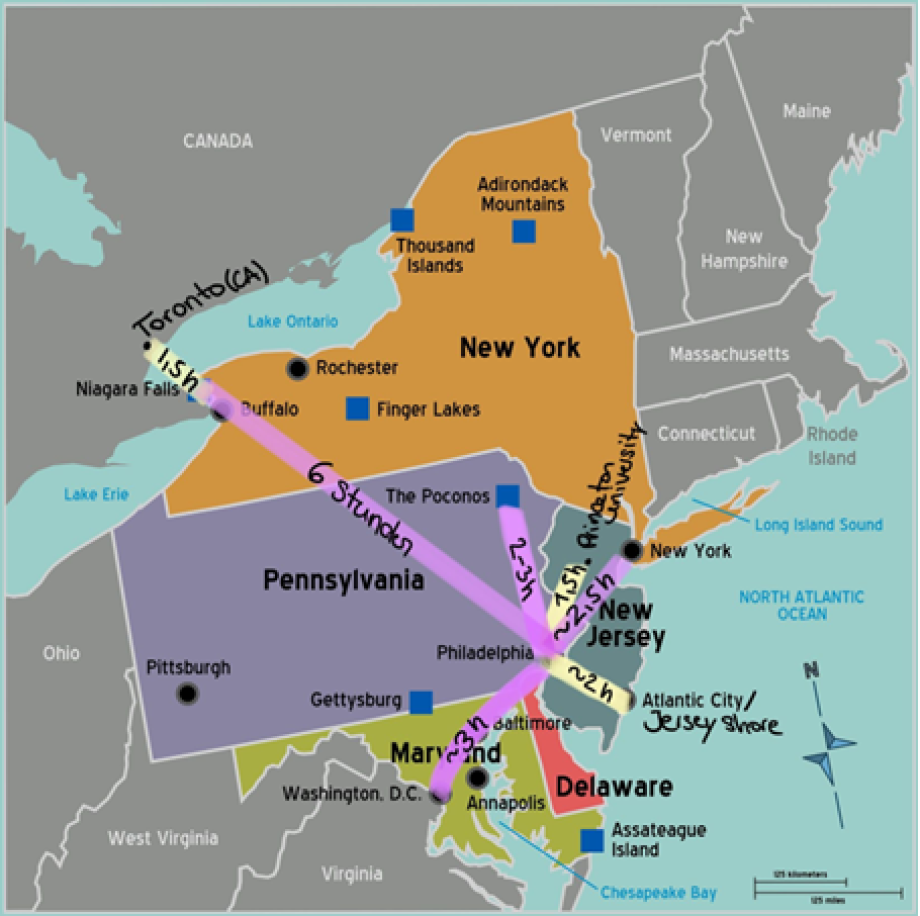 Antonia's tips for PA au pairs Map with possible road trips and their duration