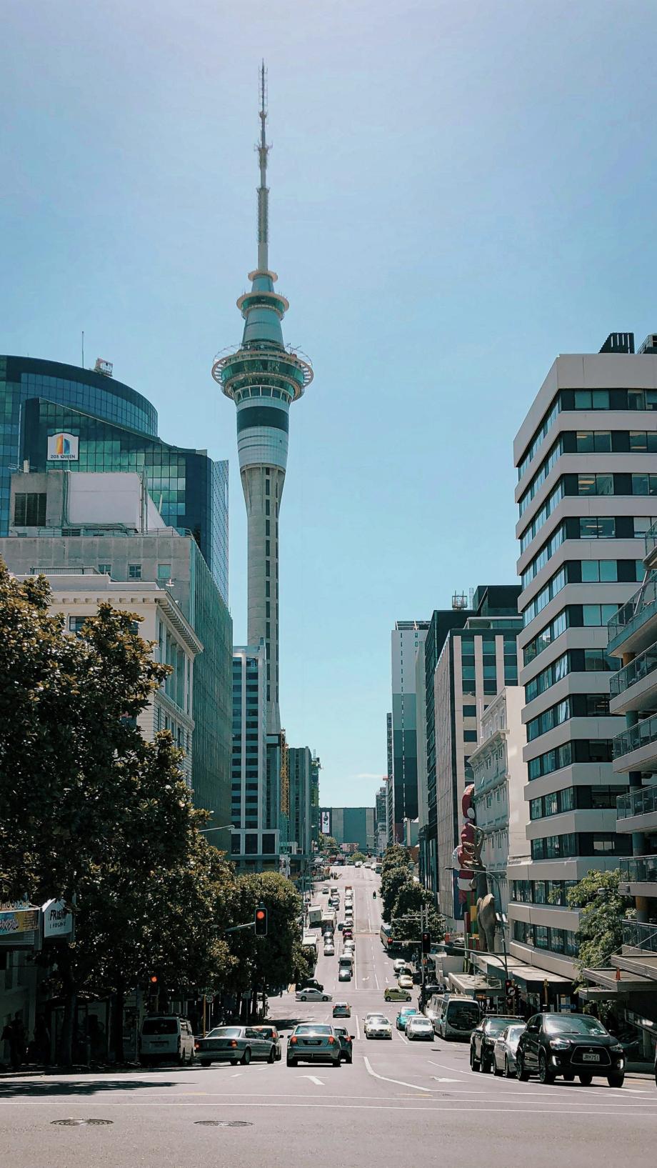 street in auckland with skytower, cars and high building